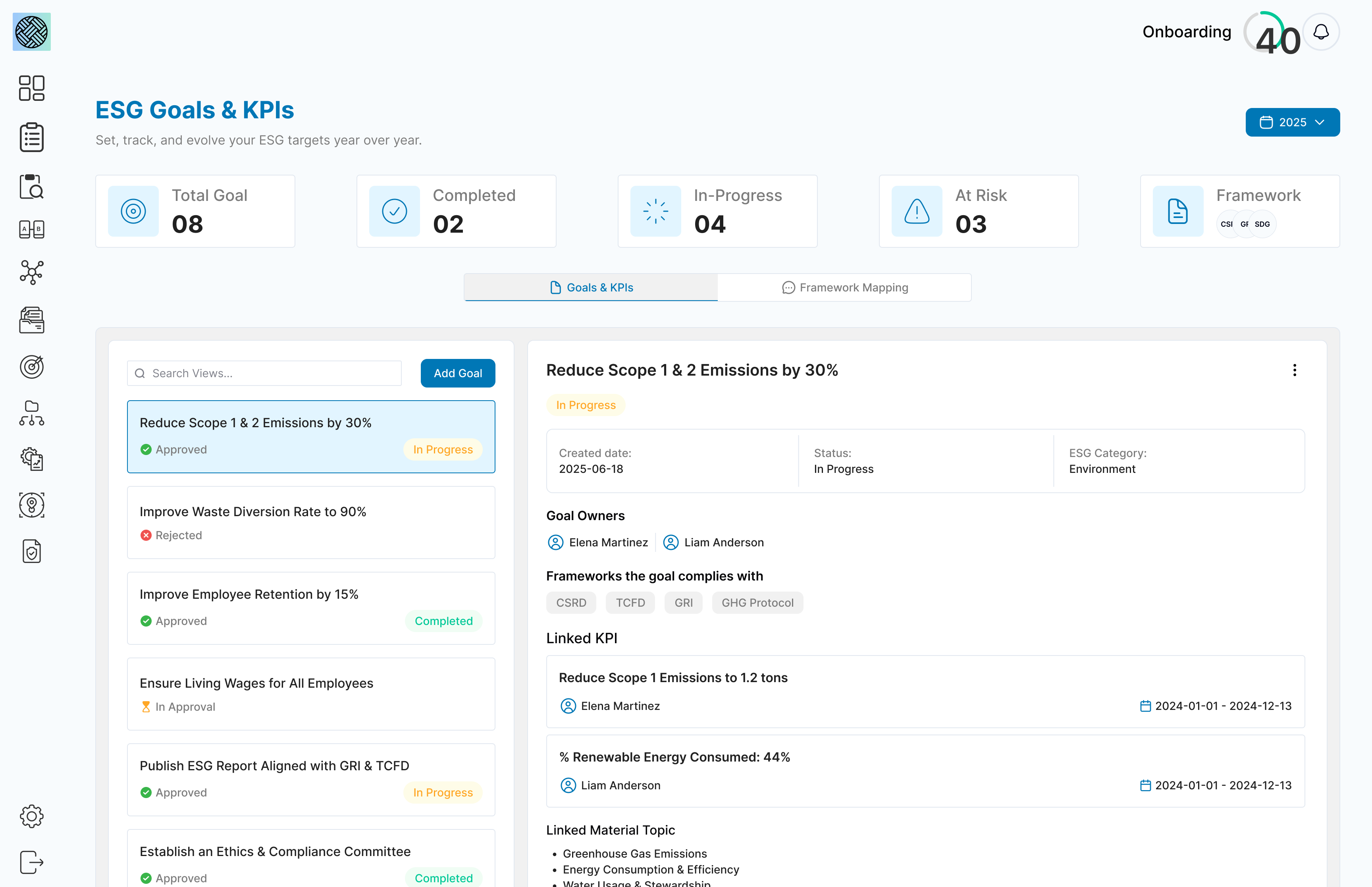 QuikESG platform interface showing Goals & KPIs