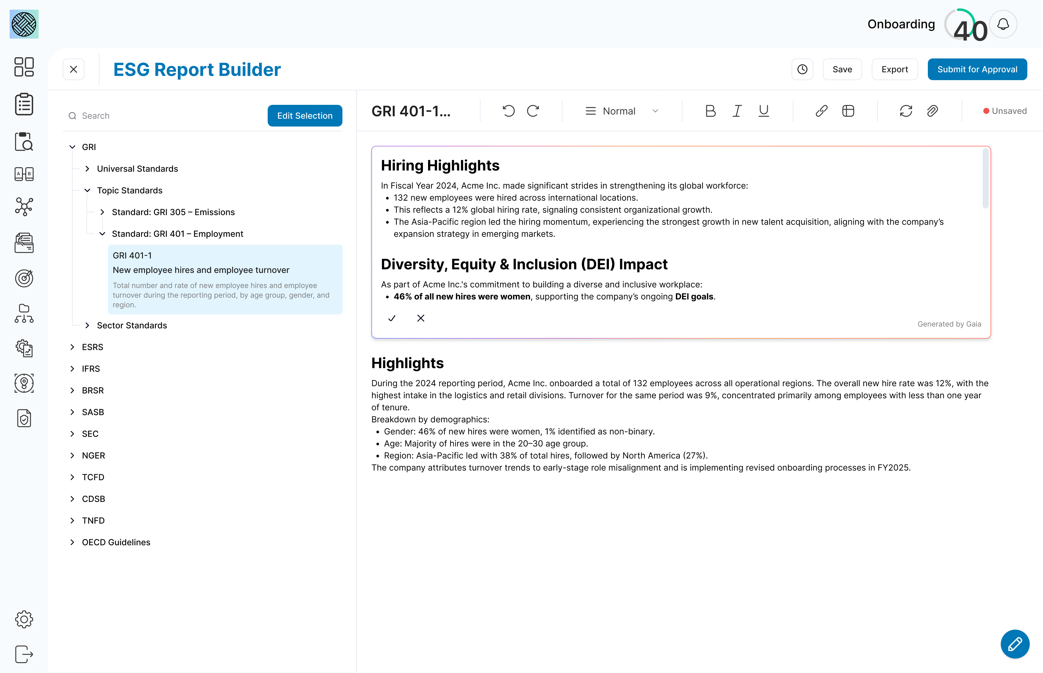 QuikESG platform interface showing Report Builder