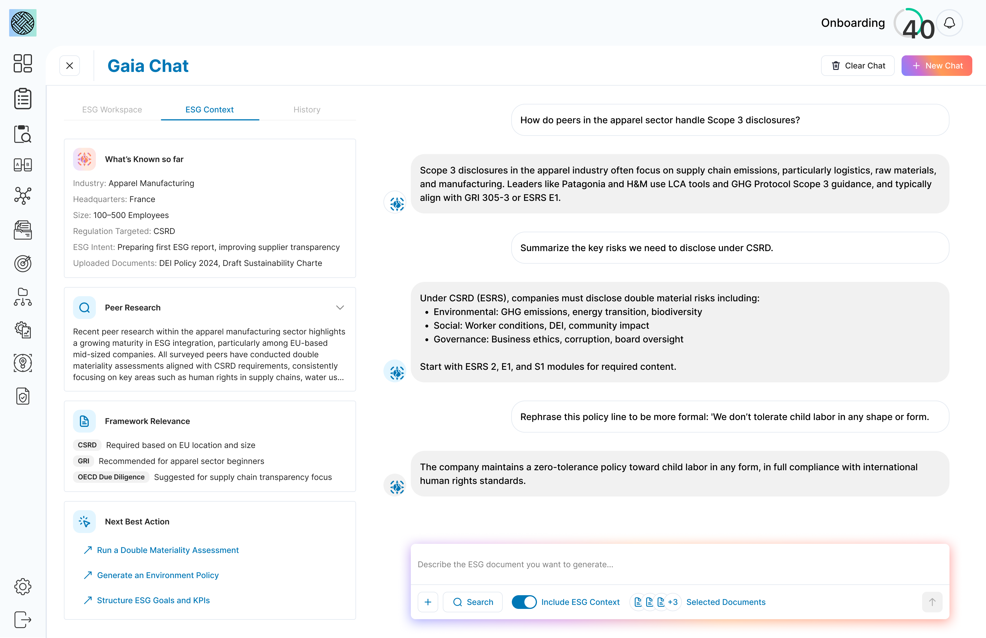 QuikESG platform interface showing Gaia Companion